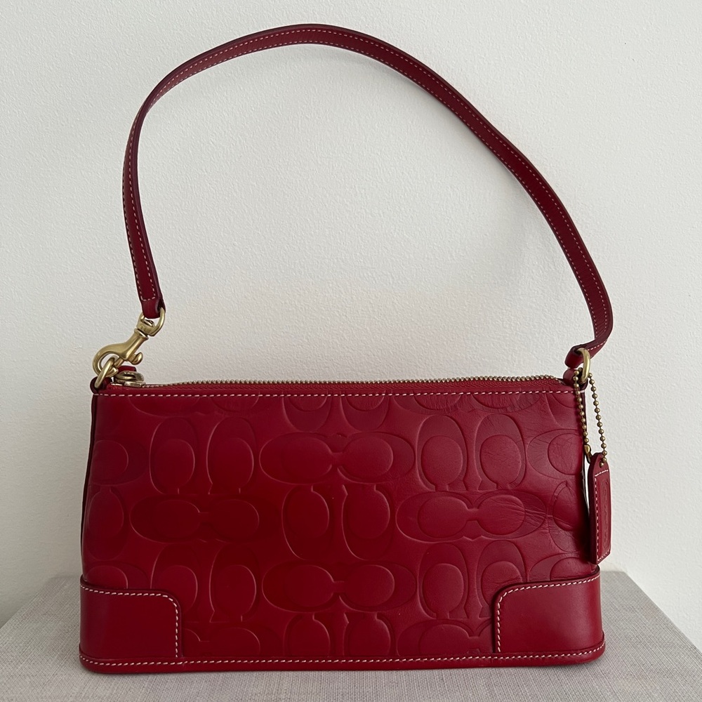 Coach Signature Embossed Leather Pouchette Shoulder Bag in Red